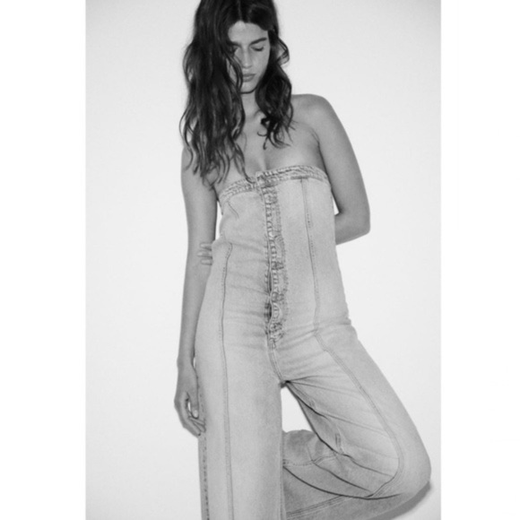 Zara TRF STRAPLESS DENIM JUMPSUIT Blogger Fav Wide Leg - Picture 3 of 15